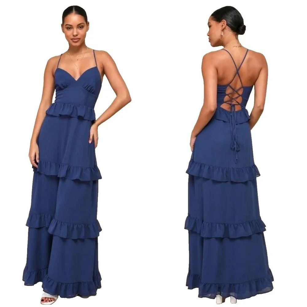 Lulus Captivating Class Lace Up Cross Back Tiered Ruffle Maxi Dress Womens XL
